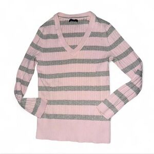 Tommy Hilfiger Pink & Gray Striped Ribbed V-Neck Sweater
